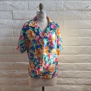 Vintage Blue Floral Button-Down Shirt with Yellow & Pink Blooms